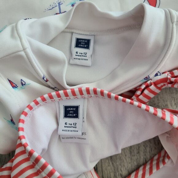 Janie and Jack Baby Girl Rash Guard bikini Swimsuit red & white stripe sz 6-12 M - Picture 4 of 5